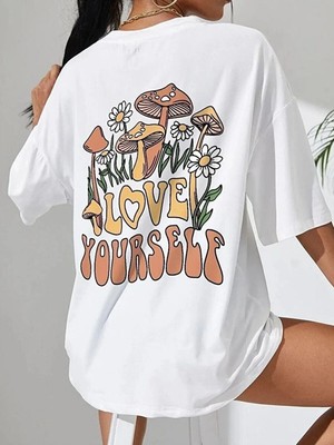 Kozz Style Beyaz Love Yourself Baskı %100 Organik Pamuk Relaxed Fit Yuvarlak Yaka Tişört
