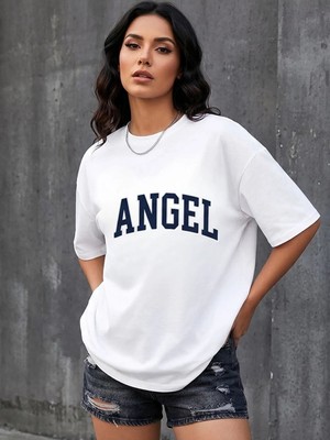 Kozz Style Kadın Angel Baskı %100 Organik Pamuk Relaxed Fit Yuvarlak Yaka Tişört Beyaz