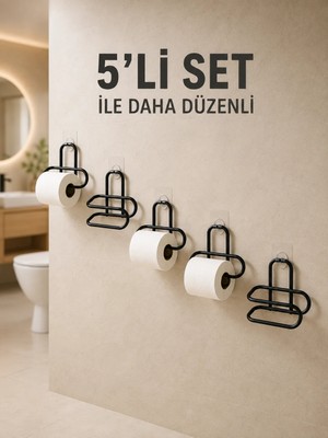 Uravas Store Yapışkanlı Tuvalet Kağıdı Askısı Siyah Metal Delmeden Montaj Wc Kağıtlık 5 Adet
