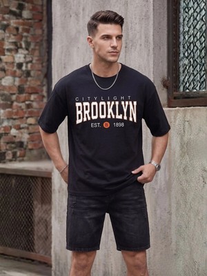 Kozz Style Erkek Siyah Brooklyn Citylights Baskı Detay %100 Organik Pamuk Örme Tişört
