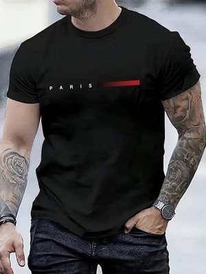 Kozz Style Erkek Siyah Paris Baskı %100 Organik Pamuk Örme Oversize Tişört