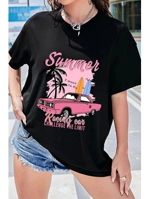 Kozz Style Siyah Summerracing Baskı %100 Organik Pamuk Relaxed Fit Yuvarlak Yaka Tişört
