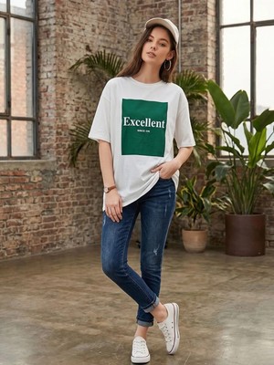 Kozz Style Kadın Excellent Baskı %100 Organik Pamuk Comfort Fit Yuvarlak Yaka Tişört Beyaz