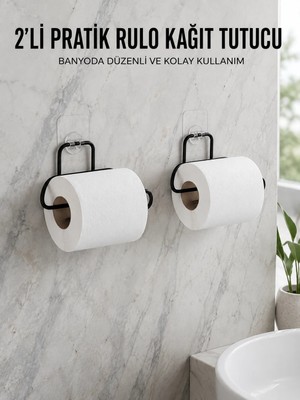 Uravas Store 2 Adet Siyah Yapışkanlı Kağıtlık Duvar Tipi Tuvalet Kağıdı ve Rulo Tutucu