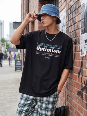 Kozz Style Siyah Optimism Baskılı %100 Organik Pamuk Örme Oversize Tişört