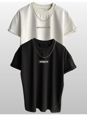 Kozz Style 2li Beyaz Siyah Brooklyn Baskı Detay %100 Organik Pamuk Örme Oversize Tişört