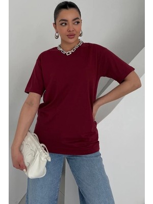 Kozz Style Basic %100 Organik Pamuk Relaxed Fit Yuvarlak Yaka Tişört Bordo