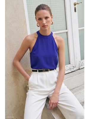 Sateen Halter Yaka Bluz - Sax Mavi