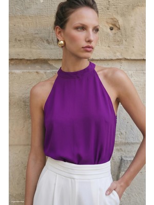 Sateen Halter Yaka Bluz - Mor