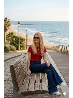 Hies Flare Ispanyol Paça Yüksek Bel Likralı Sağlam Dikişli Denim Bayan Kot Jeans - Koyu Lacivert Pantolon