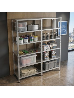 Rafburada 6 Katlı Duble Galvaniz Çelik Raf - Depo, Arşiv, Kiler, Dosya, Market Rafı - 31x75 cm-200 cm-0.70 mm