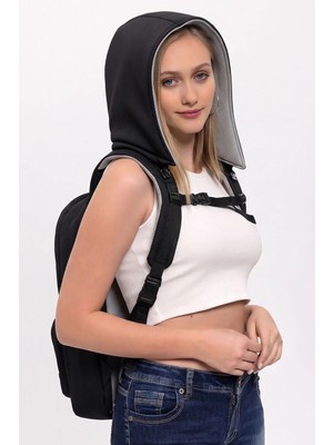 Morikukko Okula Dönüş Siyah Gri Çıkarılabilir Kapüşonlu Notebook Cepli Hafif  Sırt Çantası