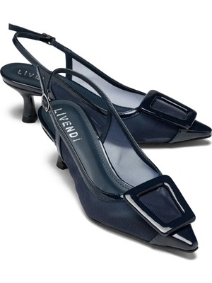 Sereny Kadın Lacivert File Detaylı Tokalı Slingback Sivri Burun 6 cm Ince Topuklu Ayakkabı