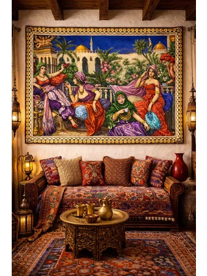 Vintage Serisi Kahveci Güzeller Duvar Halısı Duvar Örtüsü Wall Tapestry