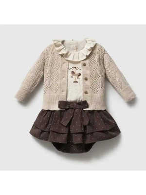 ministok Charlotte Carousel Nakışlı Triko Hırka, Blüz, Şortlu 3'lü Kız Bebek Takım