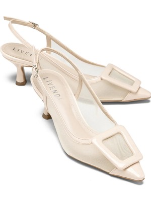 Sereny Kadın Bej File Detaylı Tokalı Slingback Sivri Burun 6 cm Ince Topuklu Ayakkabı