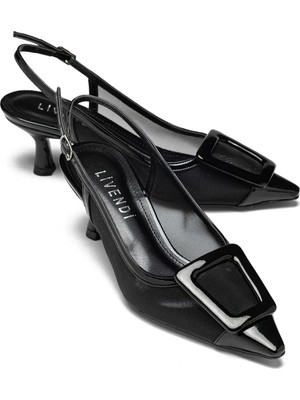 Sereny Kadın Siyah Rugan File Detaylı Tokalı Slingback Sivri Burun 6 cm Ince Topuklu Ayakkabı
