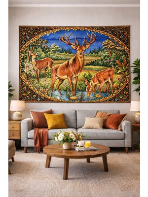 Vintage Serisi Geyik Ailesi Duvar Halısı Duvar Örtüsü Wall Tapestry