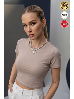Teenage Millionaire Kadın Taş Renkli Bisiklet Yaka Likralı Kısa Kol Body Crop Bluz