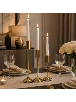 Vien Home 3’lü Gold Metal Şamdan Seti Dekoratif Mumluk – Salon Masa Konsol Söz Nişan Şamdanı 22 Cm-19 Cm-16 cm