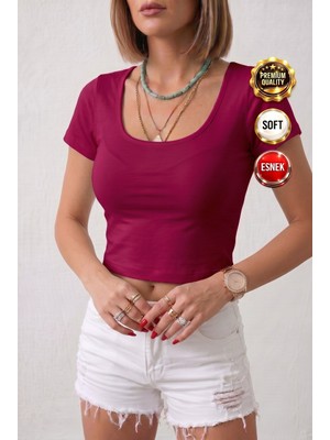 Teenage Millionaire Kadın Bordo Renkli U Yaka Likralı Düz Basic Kısa Kollu Crop Bluz