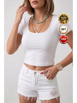 Teenage Millionaire Kadın Beyaz Renkli U Yaka Likralı Düz Basic Kısa Kollu Crop Bluz