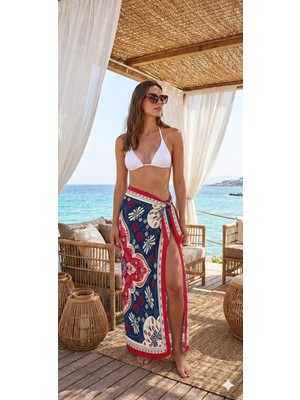 Nazzain Etnik Desenli Bağlamalı Yırtmaçlı Pareo Plaj Eteği Bikini Üstü Plaj Giyim Yazlık Beachwear 150 x 95 cm