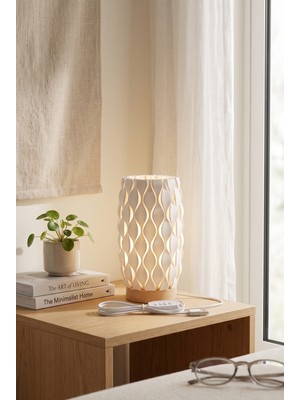 Minihome AV-334 Dalga Desenli Ahşap Tabanlı Masa Lambası 3 Farklı Renk Işıklı USB Girişli Abajur Gece Lambası