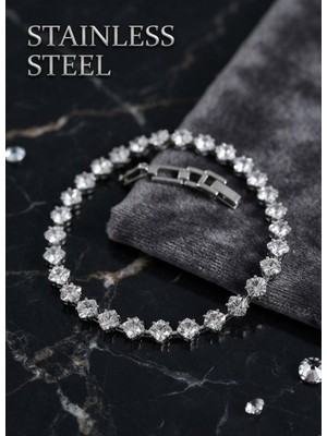 Stainless Steel Kare Zirkon Taşlı Gümüş Renk Pirinç Su Yolu Bileklik