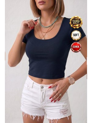 Teenage Millionaire Kadın Siyah Renkli U Yaka Likralı Düz Basic Kısa Kollu Crop Bluz