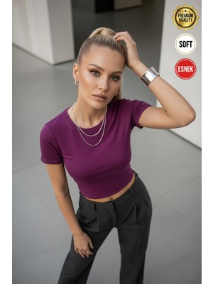 Teenage Millionaire Kadın Parlak Mürdüm Bisiklet Yaka Likralı Kısa Kol Body Crop Bluz
