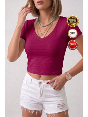 Teenage Millionaire Kadın Bordo Renkli V Yaka Likralı Düz Basic Kısa Kollu Crop Bluz