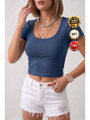 Teenage Millionaire Kadın Mavi Renkli U Yaka Likralı Düz Basic Kısa Kollu Crop Bluz