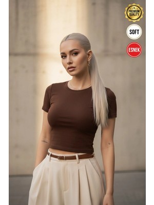 Teenage Millionaire Kadın Kahverengi Bisiklet Yaka Likralı Kısa Kol Body Crop Bluz