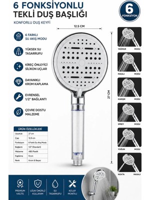 Cmc Tools Cmc7 Banyo Telefon Tek Duş Başlığı 6 Fonksiyonlu Su Duş Başlığı