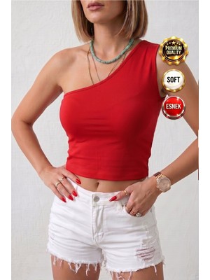 Teenage Millionaire Kadın Kırmızı Renkli Tek Omuz Vücuda Oturan Basic Atlet Esnek Crop Bluz