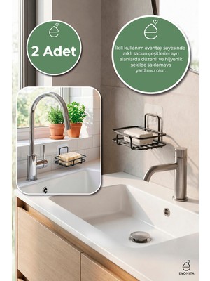 Evonita 2li Yapışkanlı Sabunluk Metal Katı Sabunluk Siyah Banyo Mutfak Lavabo Organizer Seti