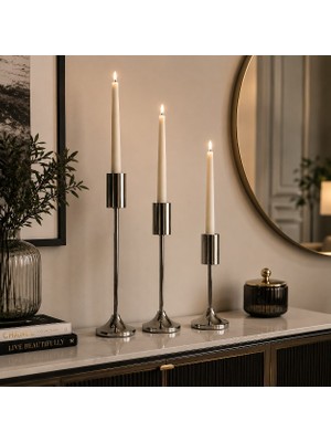 Vien Home 3’lü Gümüş Metal Şamdan Seti Dekoratif Mumluk – Salon Masa Konsol Söz Nişan Şamdanı 22 Cm-19 cm -16 cm
