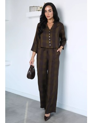 Gülseli Kadın Ekose Desenli Bluz Pantolon Ikili Takım P-00022950