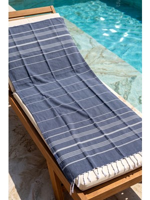 Remsa %100 Pamuk Çizgili Desenli Plaj Havlusu Hamam Sauna Deniz Havlusu Peştemal 05 Lacivert