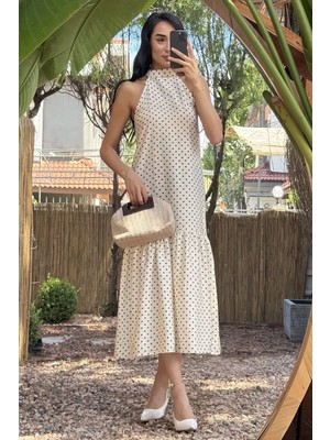 Gülseli Kadın Halter Yaka Fırfırlı Puantiyeli Elbise P-00022910