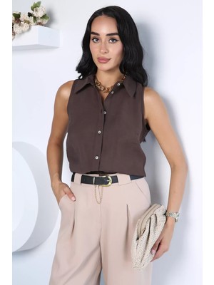 Gülseli Kadın Minimalist Tasarım Sıfır Kol Gömlek P-00022952
