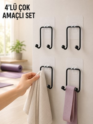 Uravas Store 4'lü Duvar Tipi Yapışkanlı Askı Pratik Ev ve Banyo Askılık Seti - Lisinya