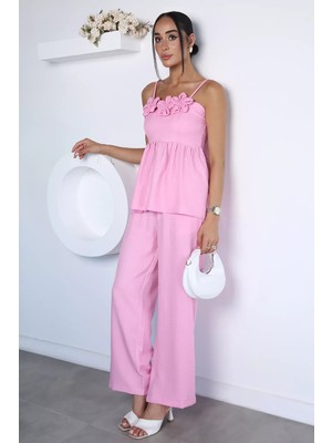 Gülseli Kadın Ayarlanabilir Askılı Gül Figürlü Bluz Bel Lastikli Pantolon Ikili Takım P-00022925