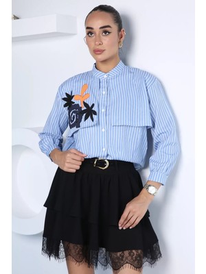 Gülseli Çiçek Işlemeli Çizgili Crop Gömlek P-00022933