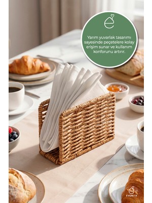 Evonita Kare Rattan Görünümlü Peçetelik Hasır Dokulu Masaüstü Peçete Standı Dekoratif Mutfak Organizer