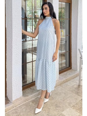 Gülseli Kadın Halter Yaka Fırfırlı Puantiyeli Elbise P-00022910