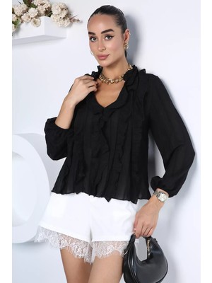 Gülseli V Yaka Fırfırlı Bluz P-00022938
