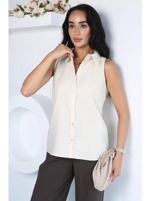Gülseli Kadın Minimalist Tasarım Sıfır Kol Gömlek P-00022952