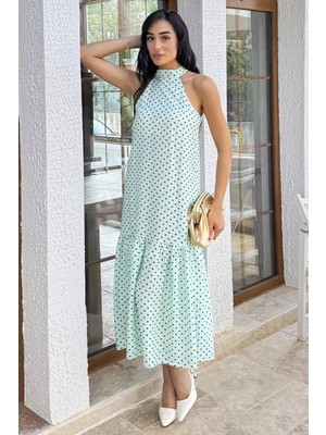 Gülseli Kadın Halter Yaka Fırfırlı Puantiyeli Elbise P-00022910